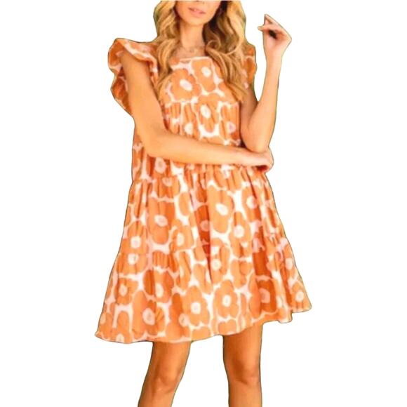 Jacqui E Dresses & Skirts - Jacquie the Label Sz M Daisy Babydoll Dress Orange Floral Tiered Ruffles Pockets